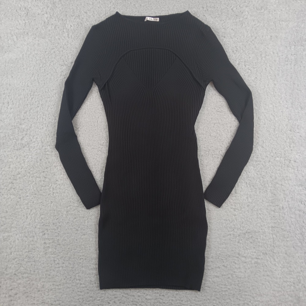 KTK Dress Womens M Black Ribbed Knit Cutout Long Sleeve Mini Bodycon BR8304
